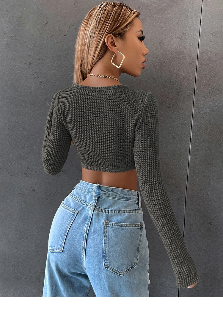 Long Sleeve Square Neck Knitted Crop Top Women Y2k T Shirts