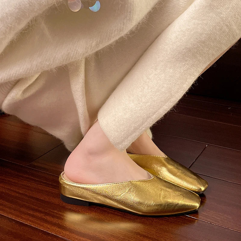 Metallic Square Toe Flat Mules