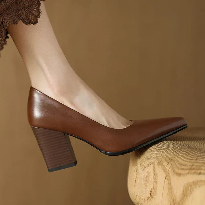 Pointed Toe Block Heel Slip On Leather Look Pumps