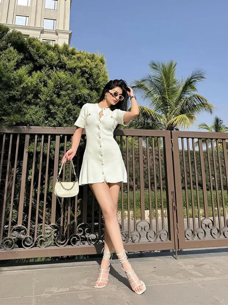 Knitted Dress for Women Streetwear Vintage Fashion Dresses Solid Slim Button Short Sleeve Mini Spring Summer Dress