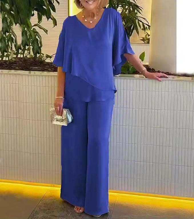 V-Neck Cape Overlay Top and Wide Leg Pants Two Piece Set