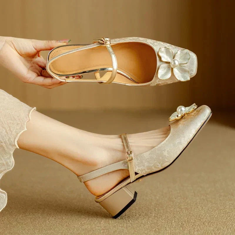 Floral Applique Buckle Strap Block Heel Mary Jane Shoes