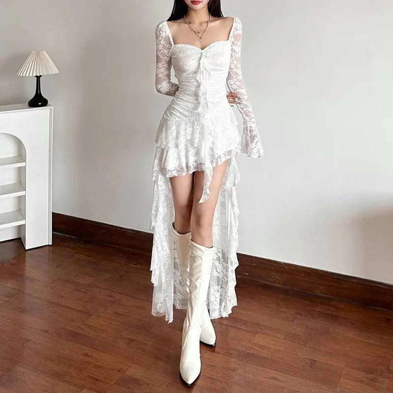 Lace Square Neck Flare Sleeve Ruffle High Low Dress