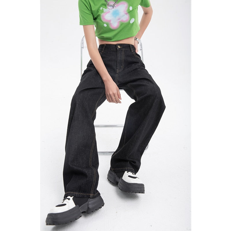 Leg High For Vintage Black Jean Straight Pants Trouser Wide Waist Denim - Women / Xs