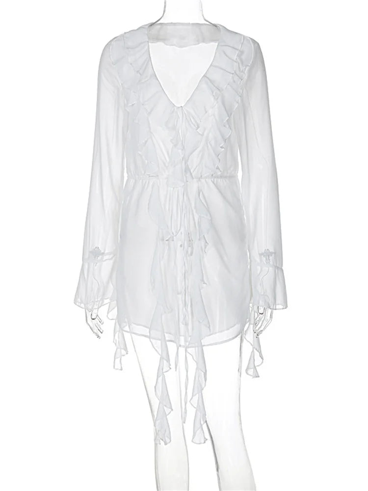 Chiffon Deep V-Neck Long Sleeve Ruffle Lace Up Mini Dress