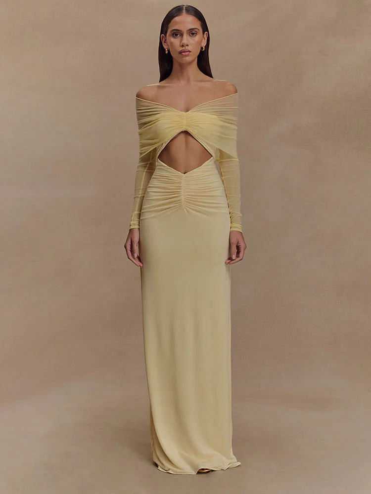 Hollow Out Ruched Maxi Prom Dress