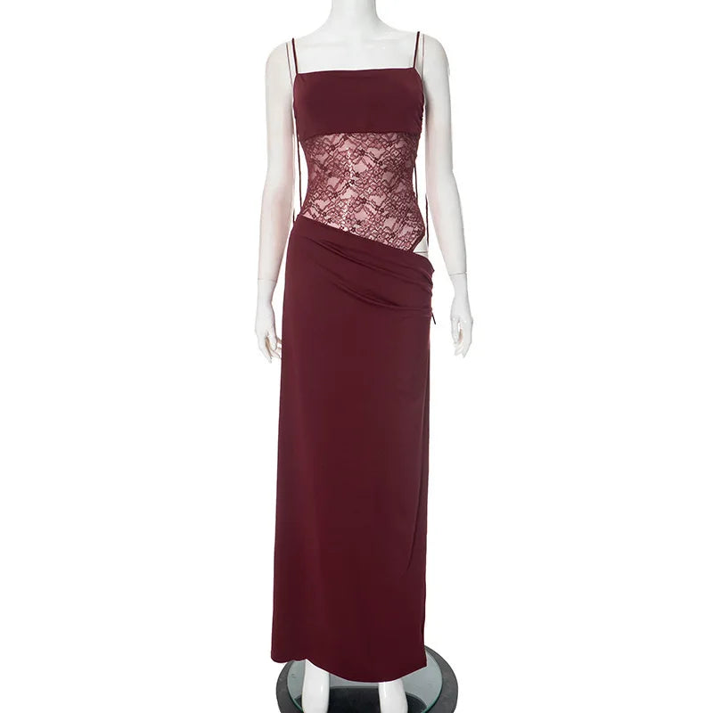 Spaghetti Strap Sheer Lace Waist Panel Bodycon Maxi Dress 7