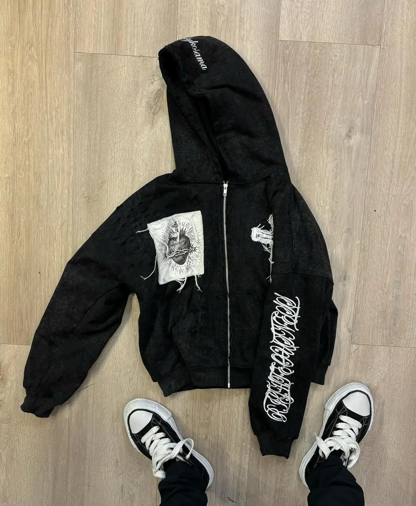 Embroidered Cross Zip Up Hoodie
