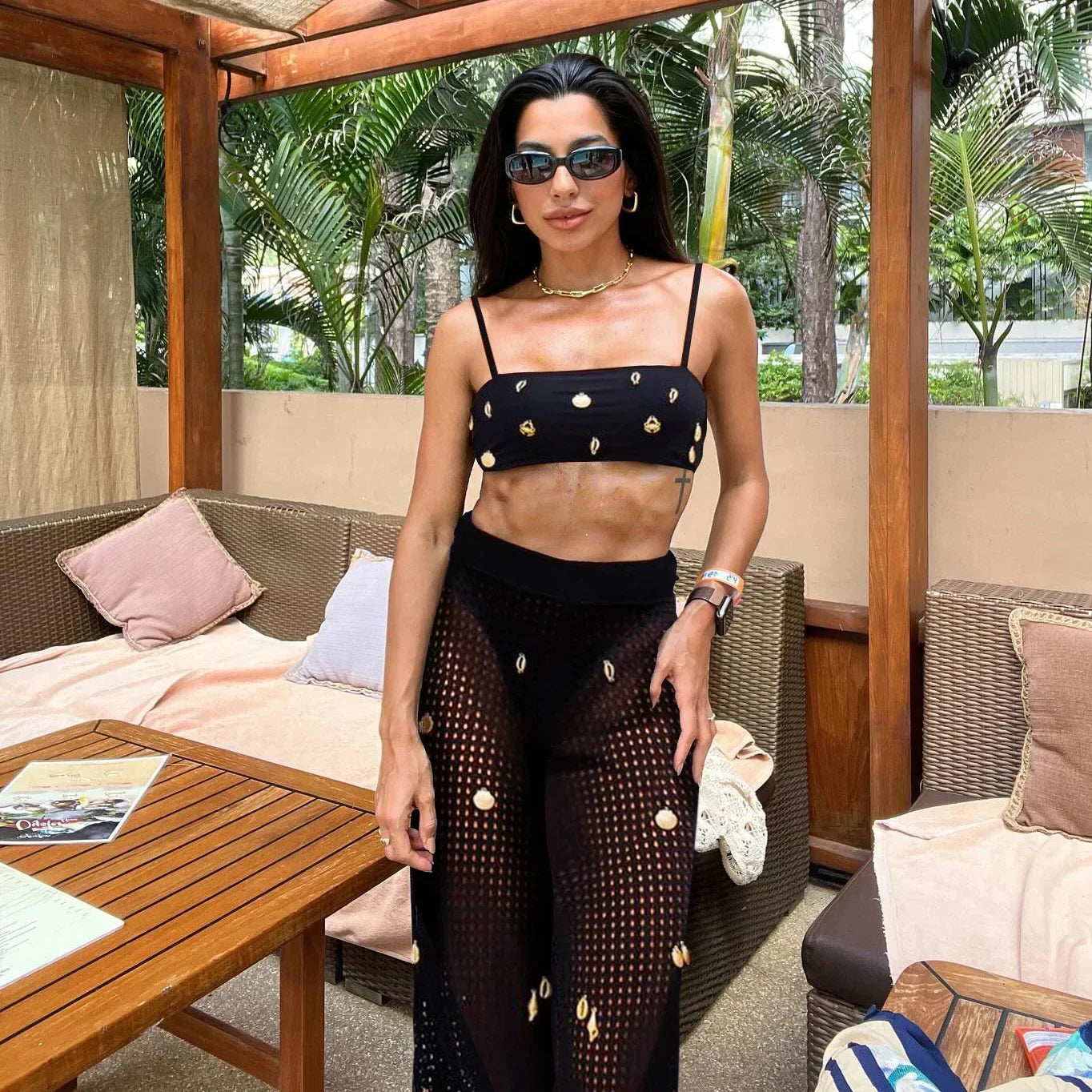 Crochet Pants One Shoulder Tassels Three Piece Swim Sets