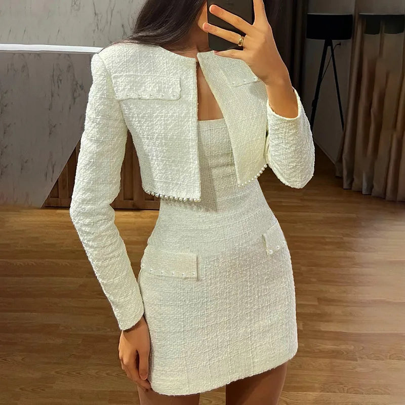 Tweed Faux Pearl Trim Cropped Jacket and Strapless Mini Dress Two Piece Set