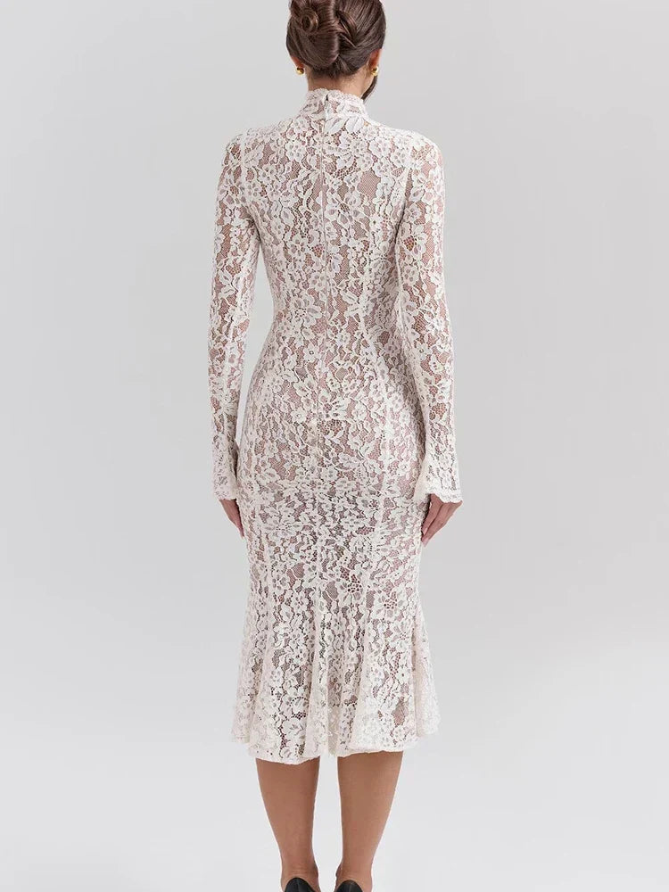 Lace High Neck Long Sleeve Mermaid Hem Bodycon Midi Dress 5