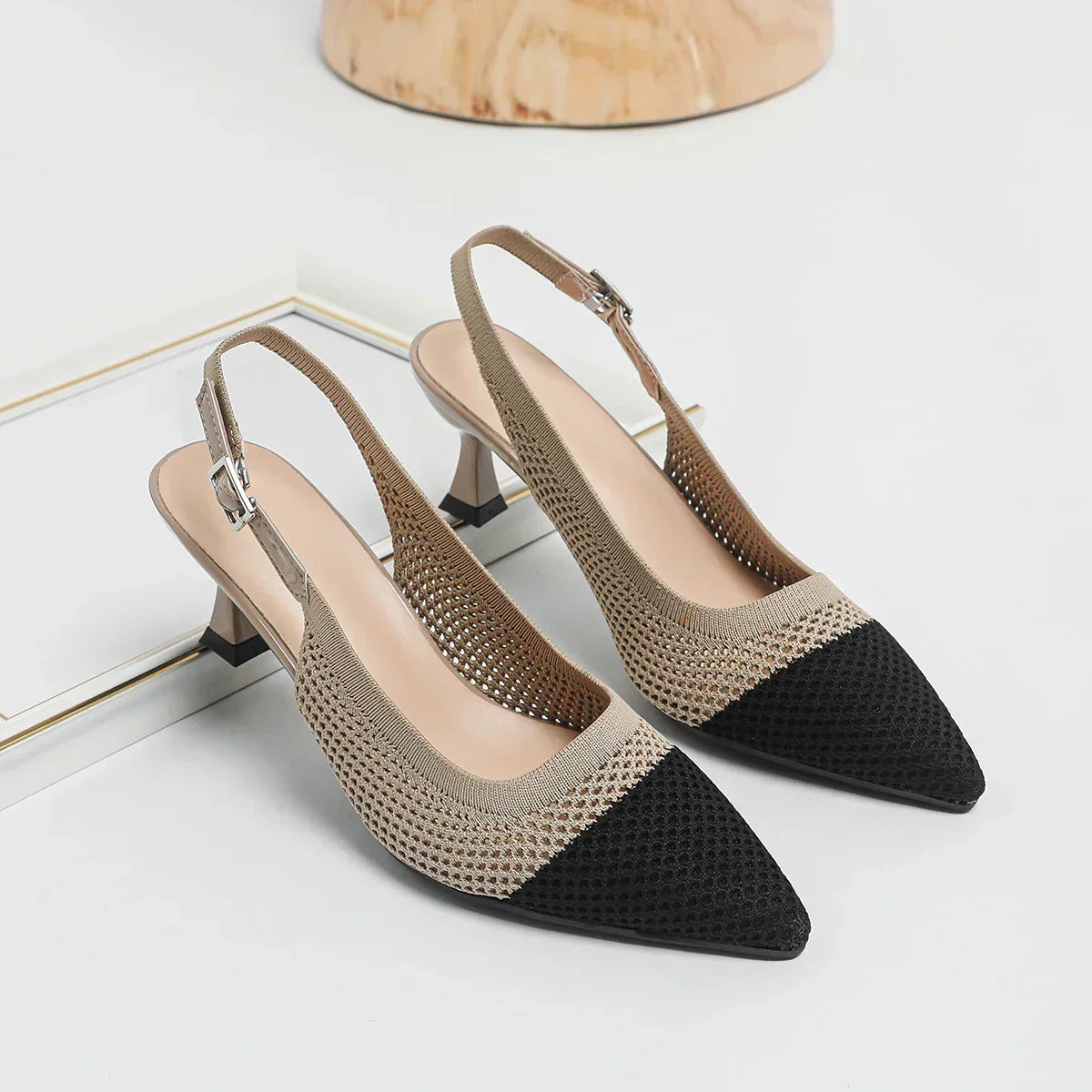 Pointed Toe Slingback Mesh Kitten Heel Pumps