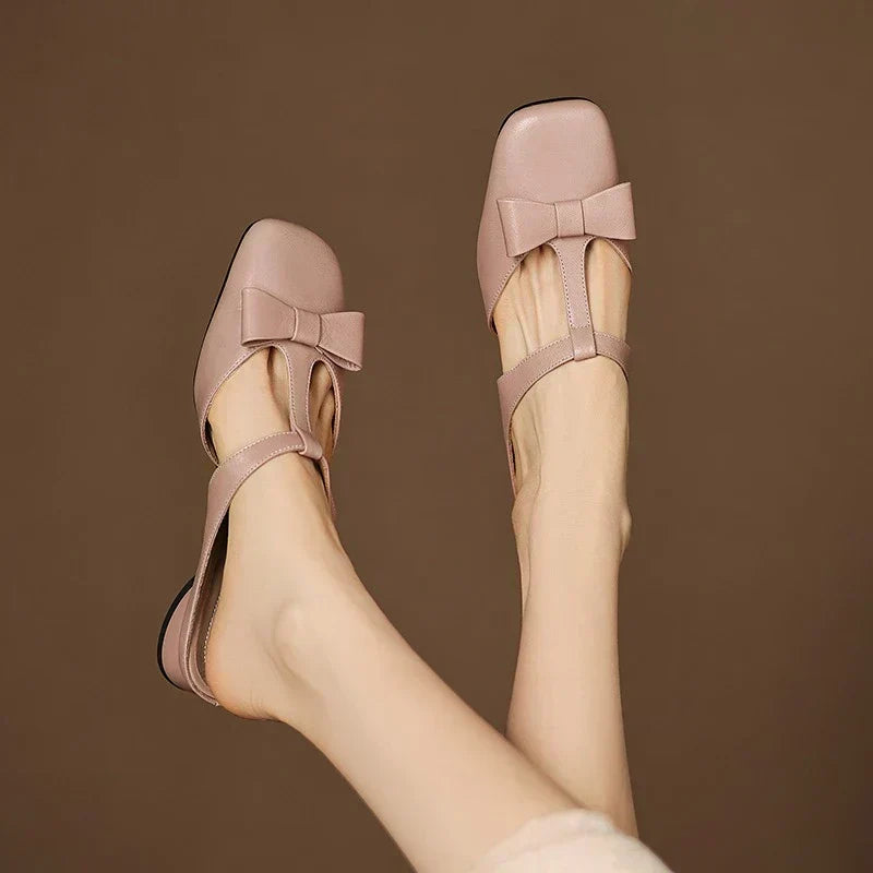 Square Toe Bow T-Strap Flat Mules