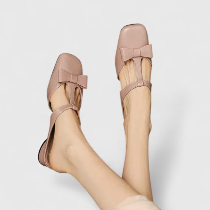 Square Toe Bow T-Strap Low Block Heel Mules