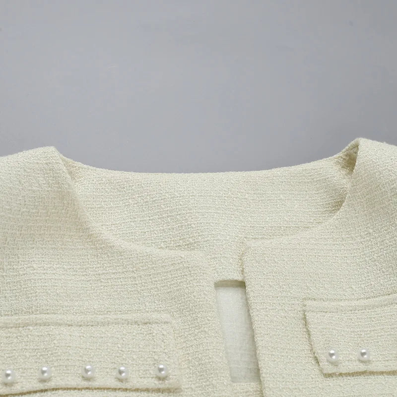 Tweed Faux Pearl Trim Cropped Jacket and Strapless Mini Dress Two Piece Set 17