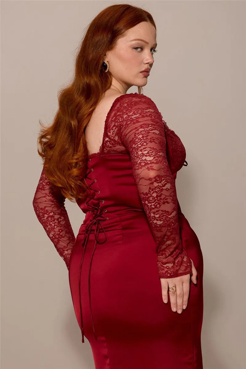 Square Collar Lace - Up Backless Long Sleeve Maxi Dress