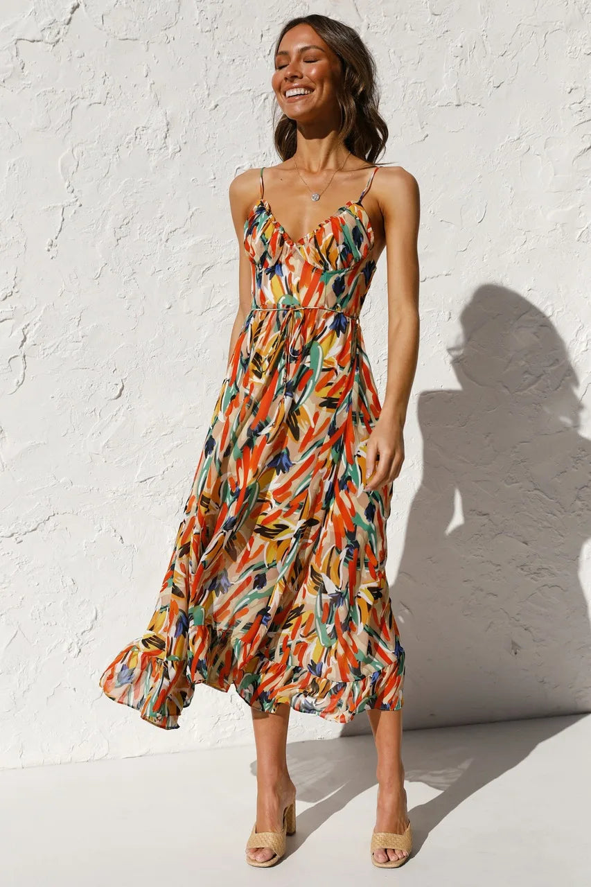 Abstract Print Spaghetti Strap V-Neck Midi Dress