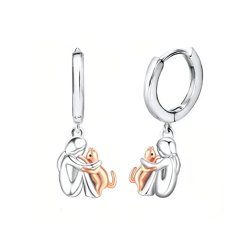 Cat Hug Charm Drop Huggie Hoop Earrings