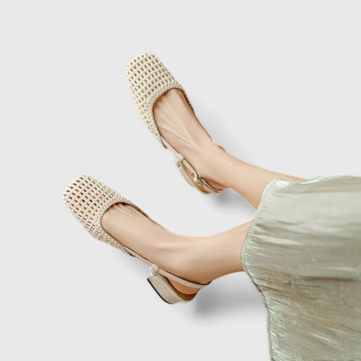 Woven Square Toe Slingback Block Heel Pumps