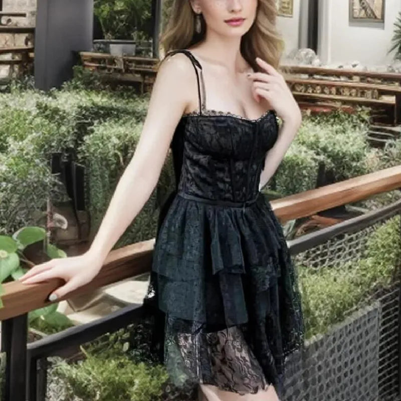 Lace Sweetheart Neck Tie Strap Corset Tiered Ruffle Mini Dress 3