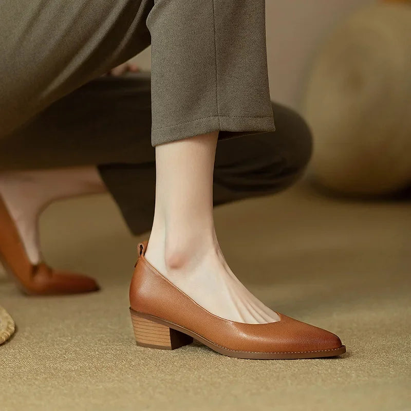 Pointed Toe Block Heel Slip On Pumps