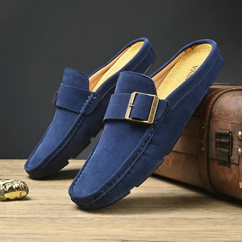 Suede Look Buckle Strap Backless Loafer Mules