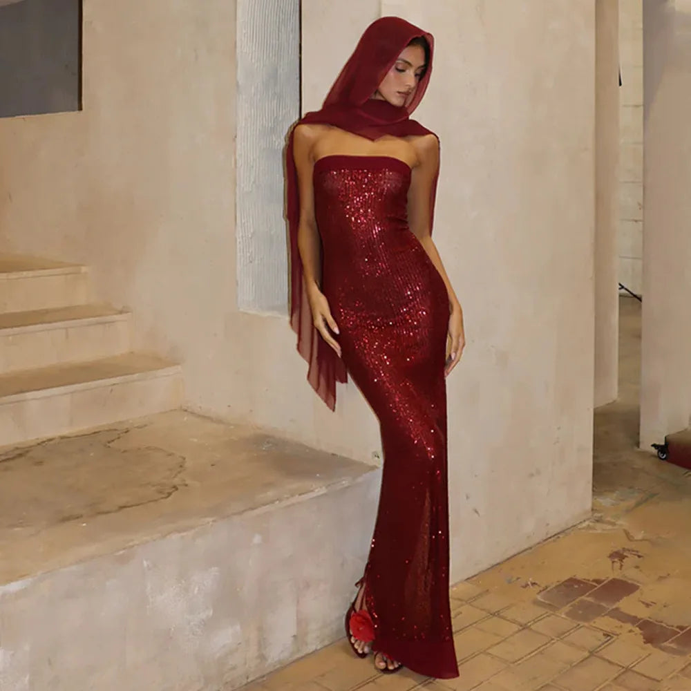 Sequin Strapless Bodycon Maxi Dress with Chiffon Hood Scarf 4