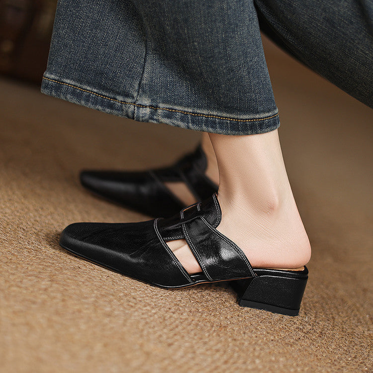 Pointed Toe Block Heel Slip On Mules