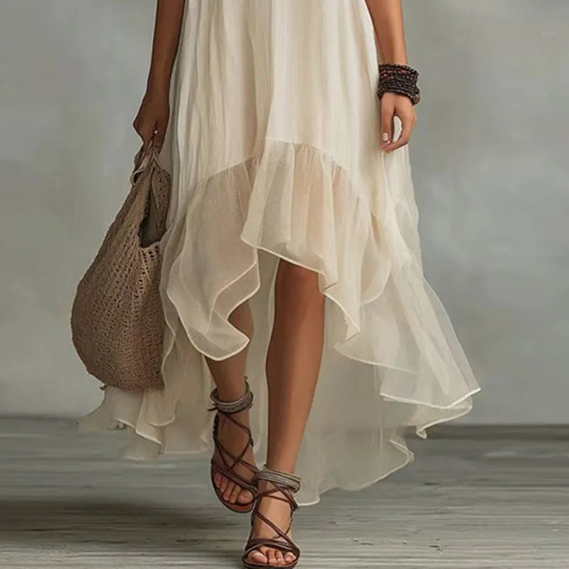 Chiffon Spaghetti Strap Ruffle High Low Maxi Dress Summer