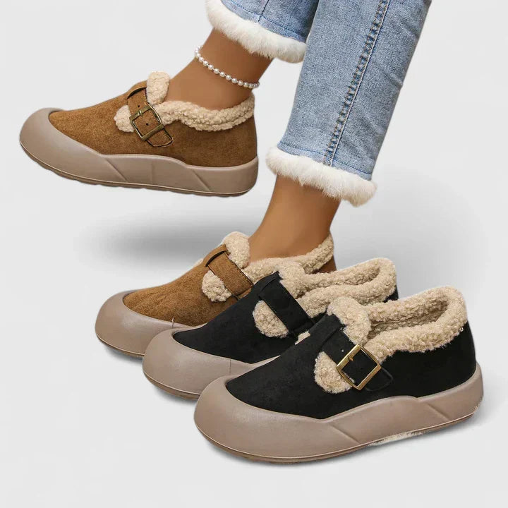 Faux Shearling Trim Buckle Strap Slip On Platform Clogs