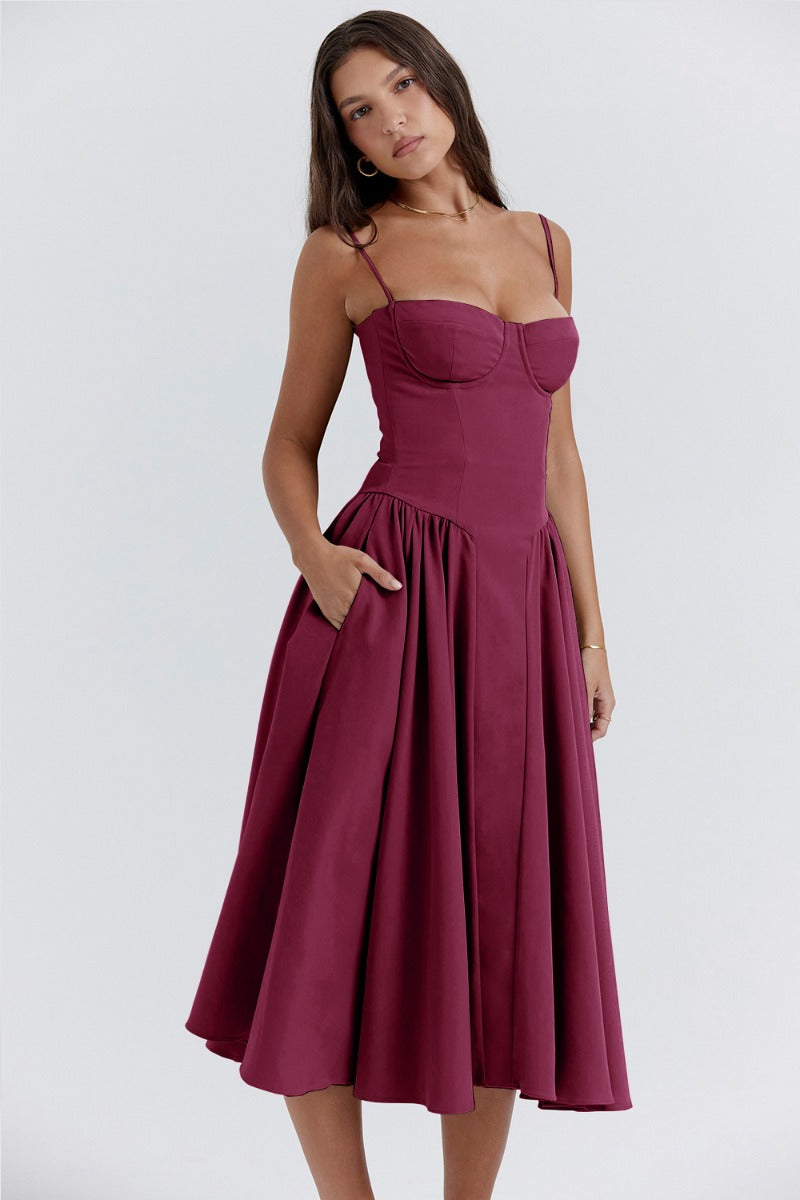 Milagros Premium Open-Shoulder Midi Dress with a Corset Fit Elevated Occasion Wear