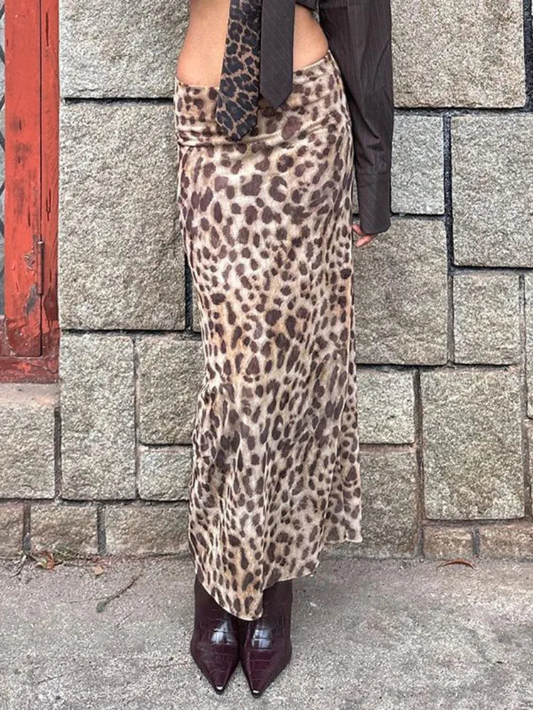 Leopard Print Maxi Skirt Women's Summer Slim Fashion Patchwork High Waist Streetwear Party Maxi Dress Chic Maxi Skirt