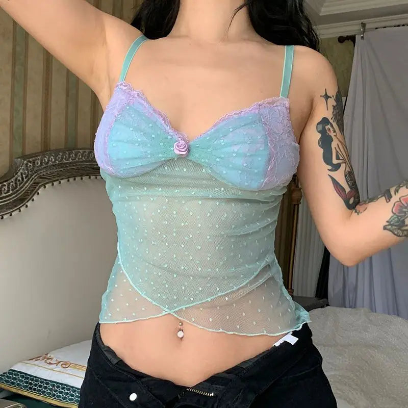 Y2K Frill Lace Trim Mesh Sheer Top