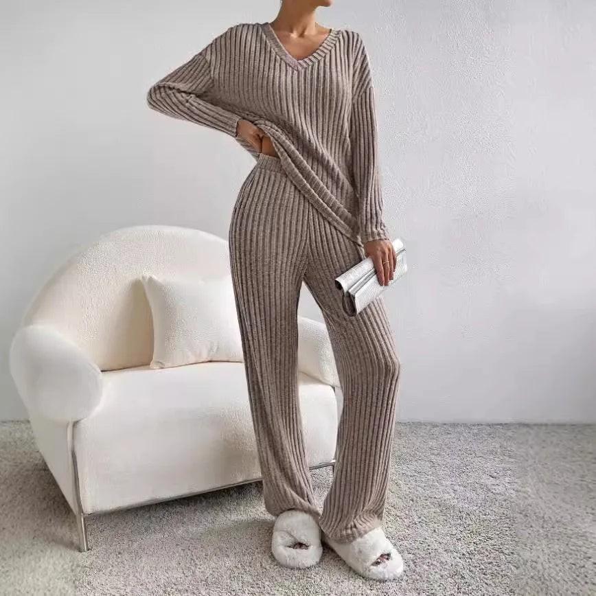 Ribbed Knit V-Neck Long Sleeve Top and Wide Leg Pants Two Piece Set