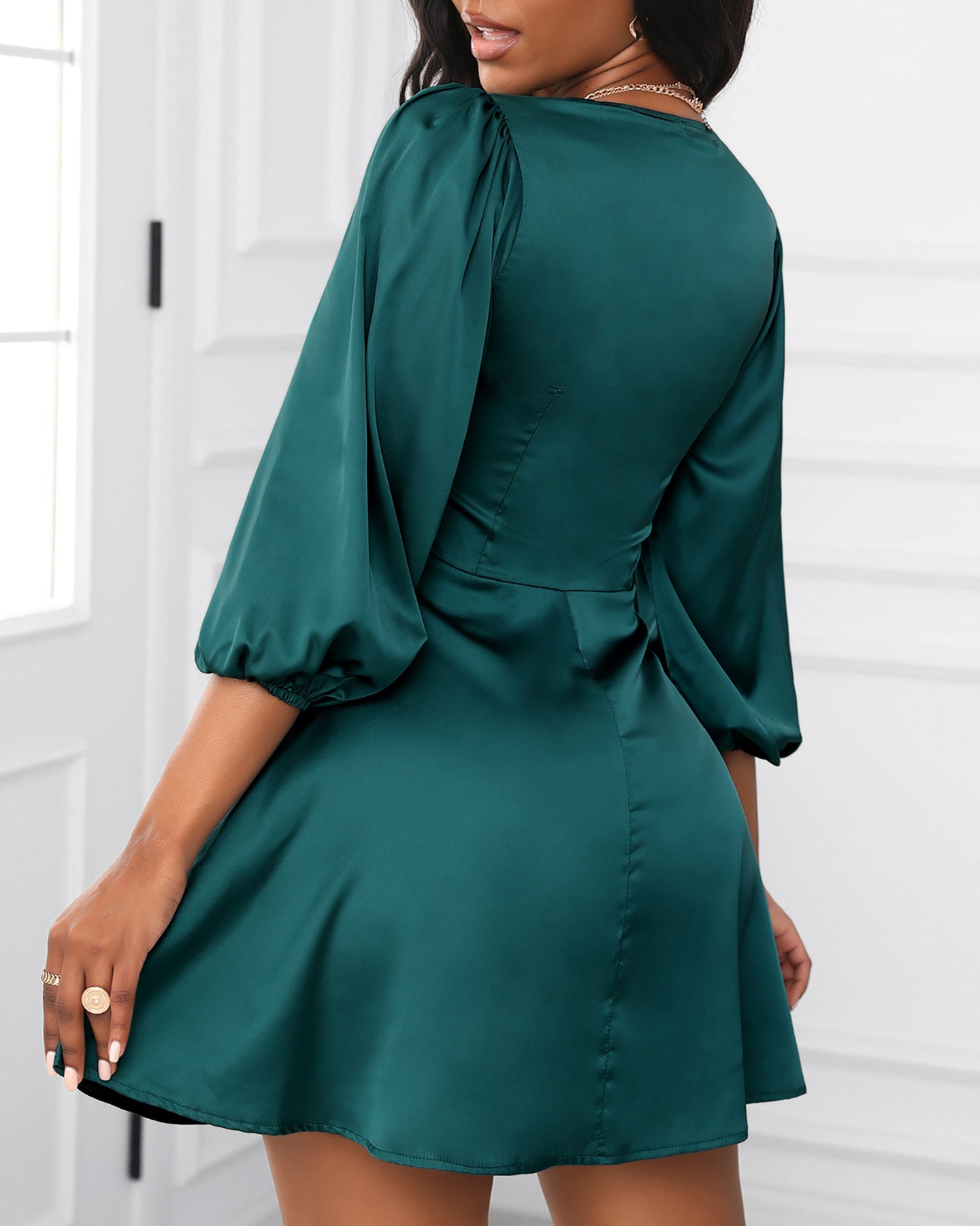 Orietta Green Satin Dress with Bow for Women Party Night Style