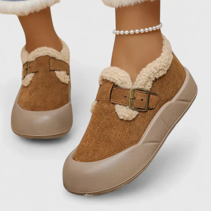 Faux Shearling Trim Buckle Strap Slip On Platform Clogs