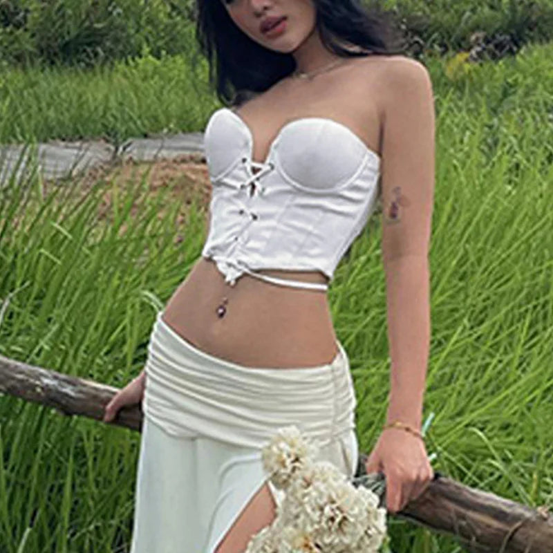 Cross Tie Front Solid Color Strapless