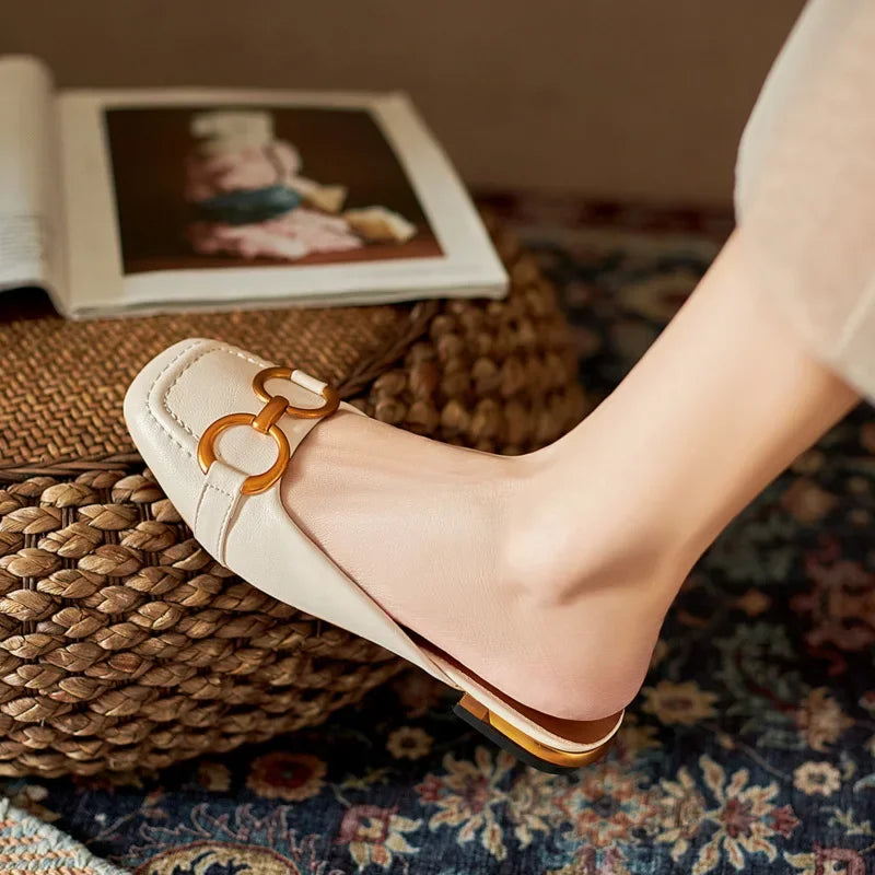 Metal Ring Square Toe Slip On Flats