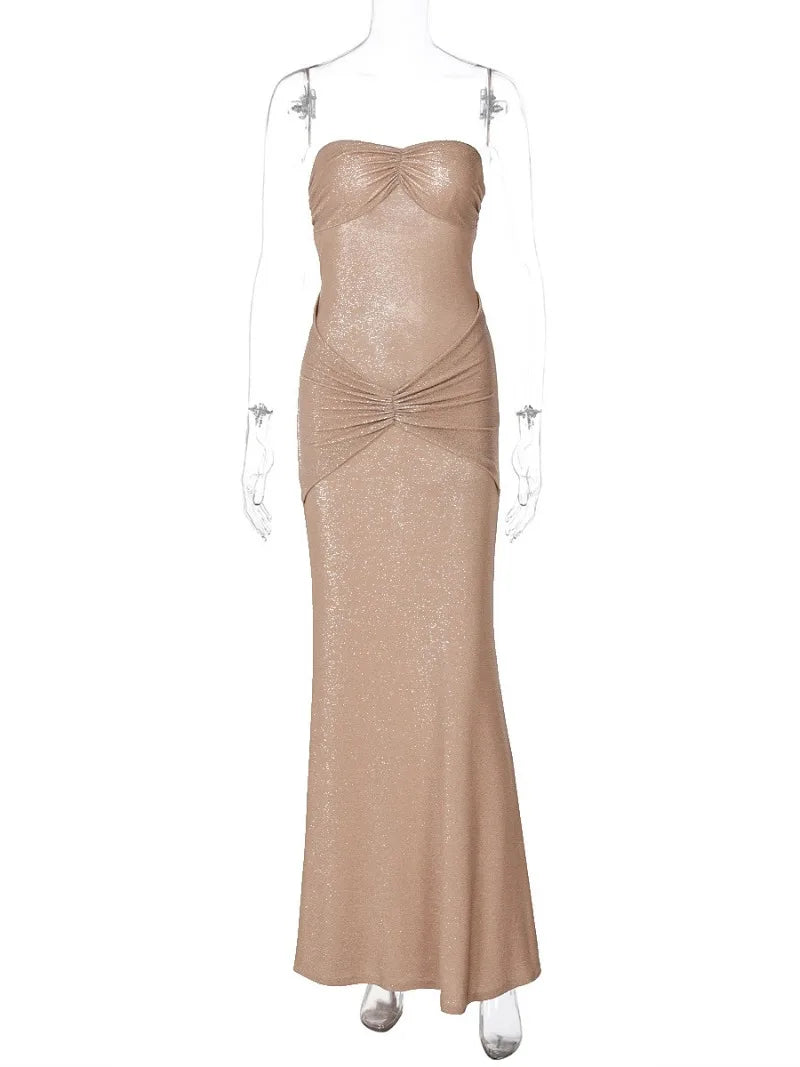 Metallic Strapless Ruched Twist Front Column Maxi Dress