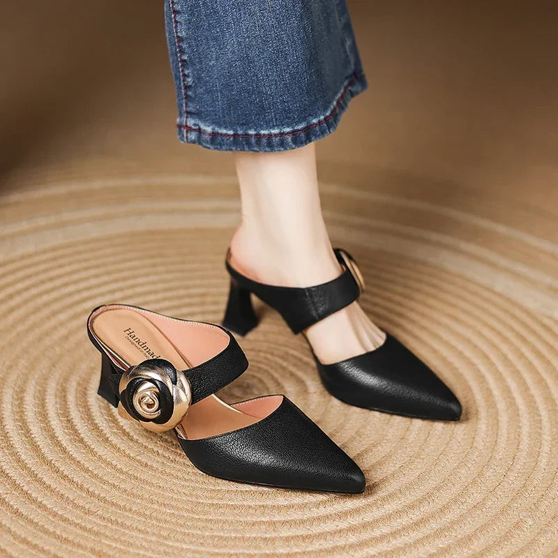 Pointed Toe Floral Buckle Spool Heel Mules