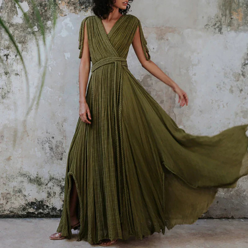 Solid Split Pleated Bandage Long Dress