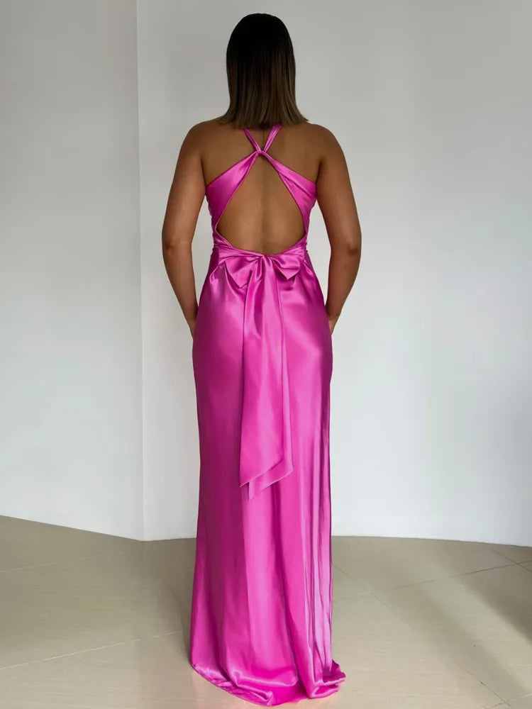 Satin Ruched Backless Maxi Dress 4