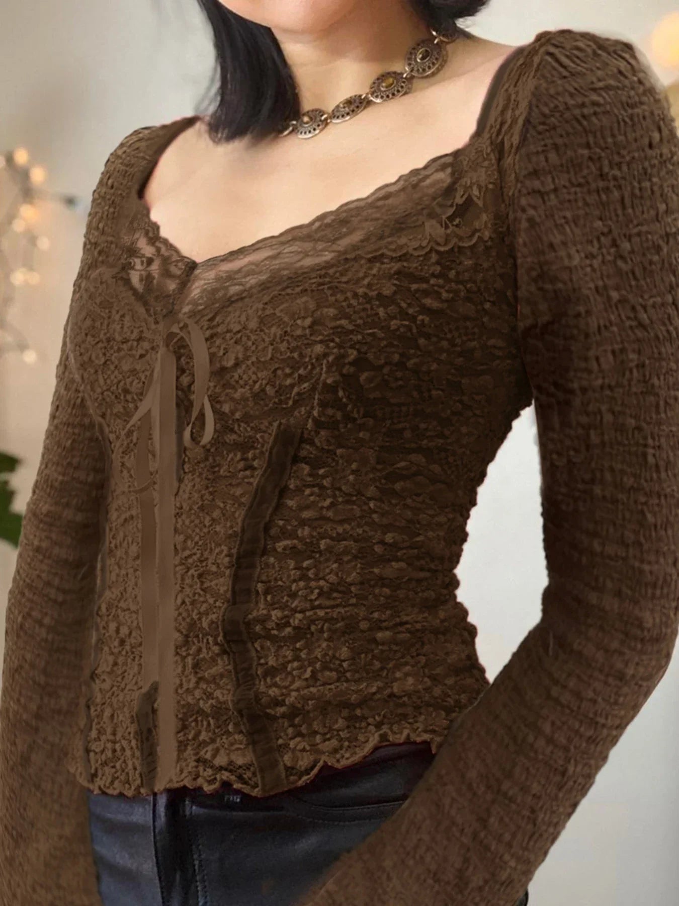 Lace Trim VNeck Slim Brown Long Sleeve Crop Top