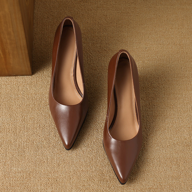 Pointed Toe Block Heel Slip On Leather Look Pumps