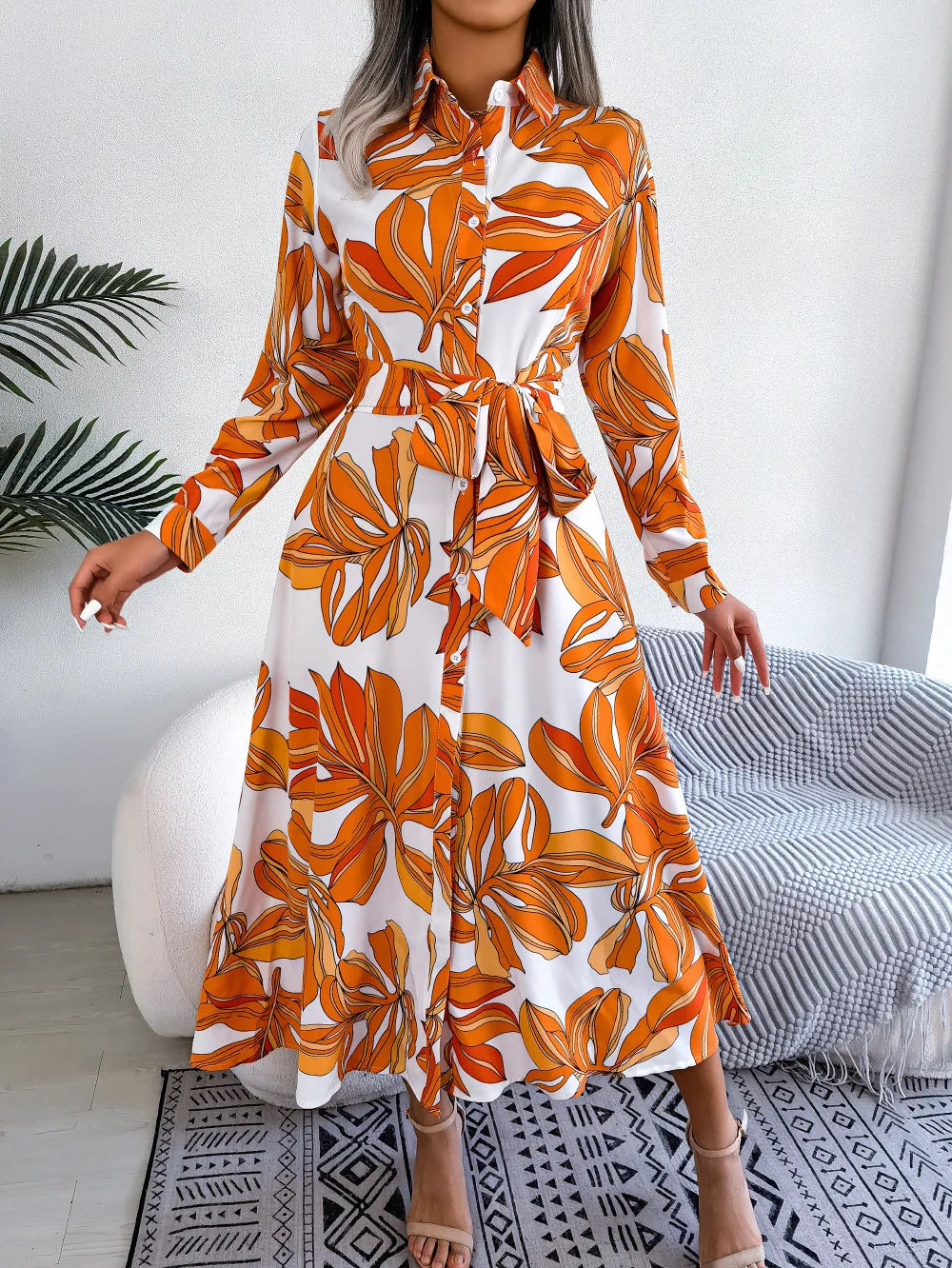 Floral Print Long Sleeve Belted Shirt Maxi Dress