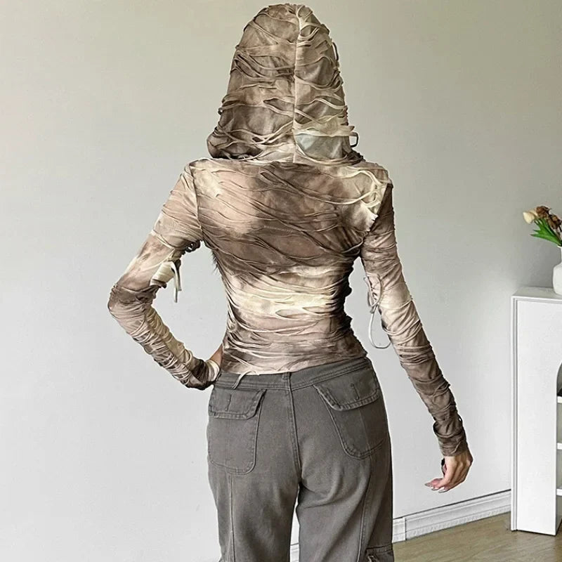 Tie Dye Ripped Hooded Sheer Top