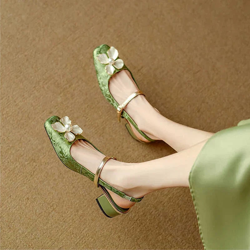 Floral Applique Buckle Strap Block Heel Mary Jane Shoes