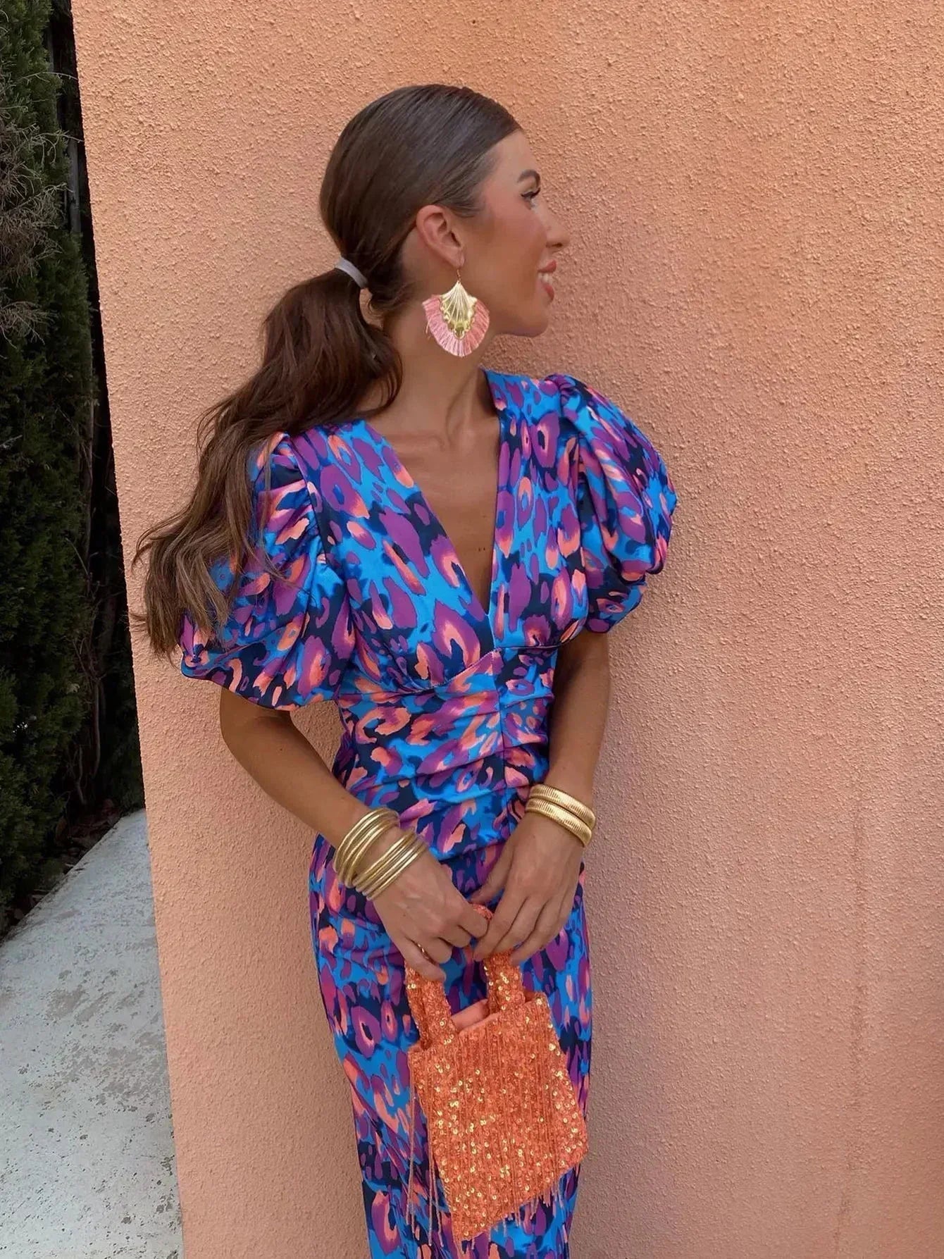 Loren - Vibrant Blue & Pink Puff Sleeve Dress Purple