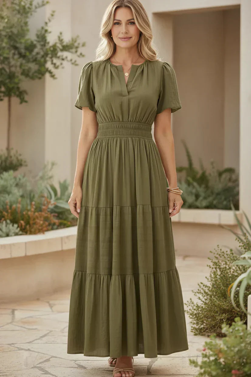 V-Neck Puff Sleeve Smocked Waist Tiered Maxi Dress