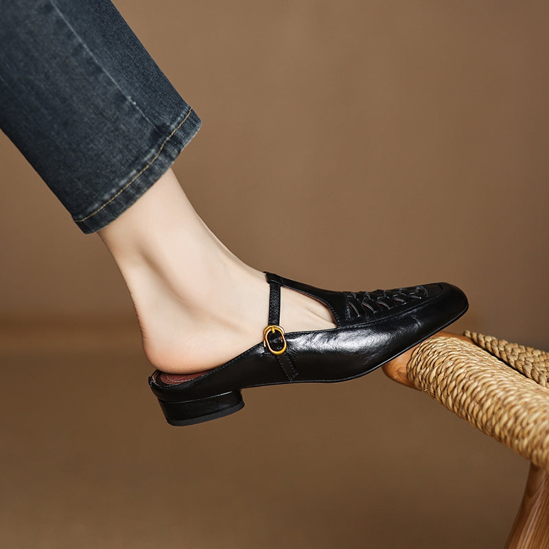 Square Toe T-Strap Buckle Low Block Heel Mary Jane